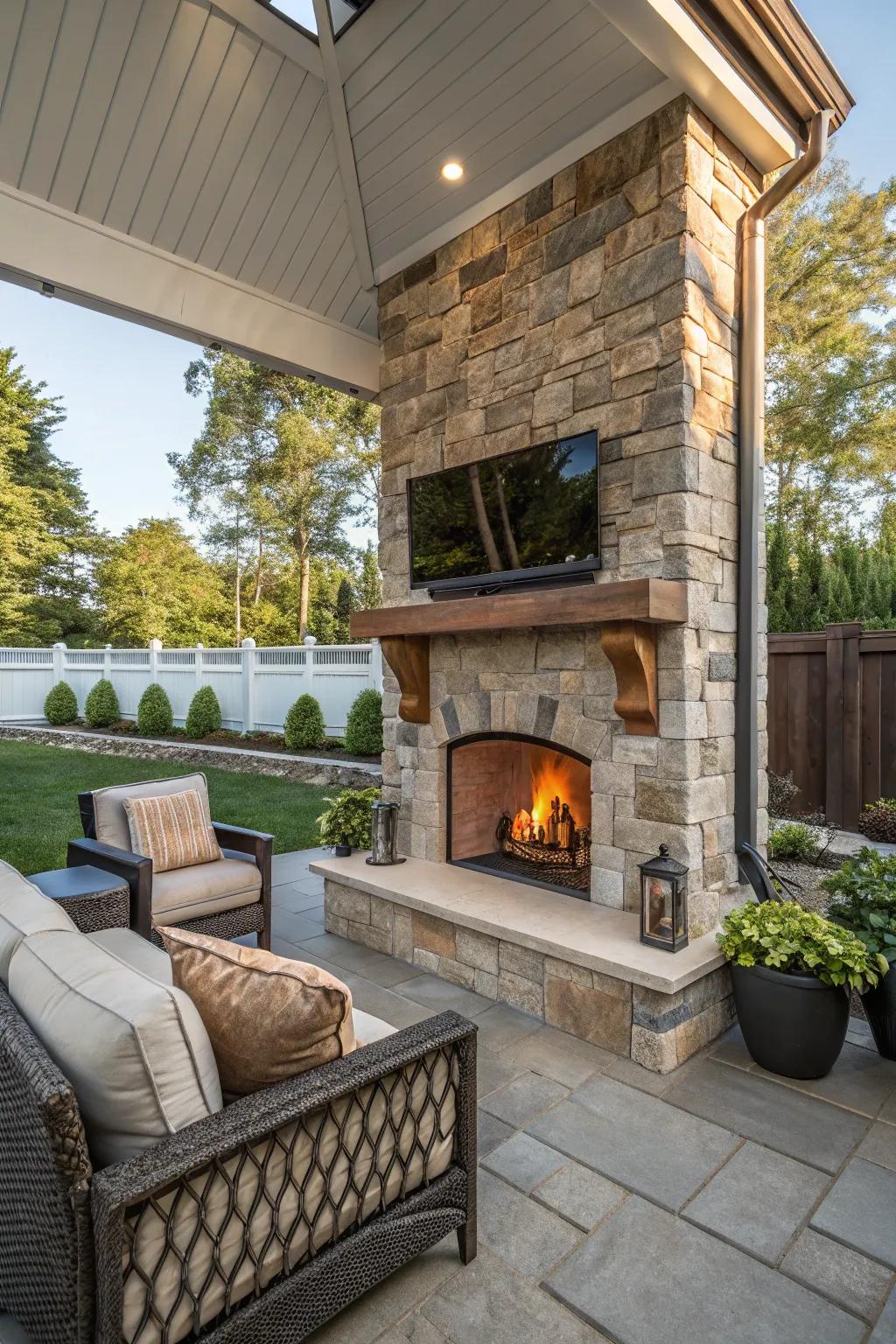 Merge warmth and entertainment using a fireplace TV arrangement.