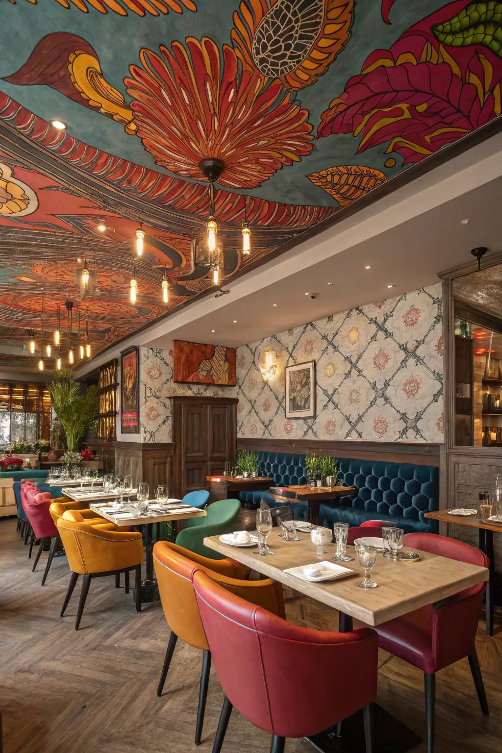 Conceptual designs infuse the ceiling with artistic flair.