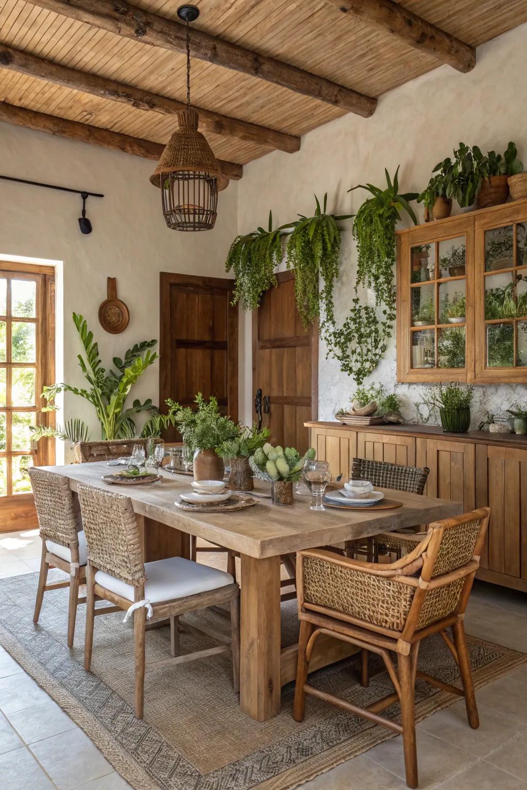 Earthy shades create a natural, grounded essence within your dining space.