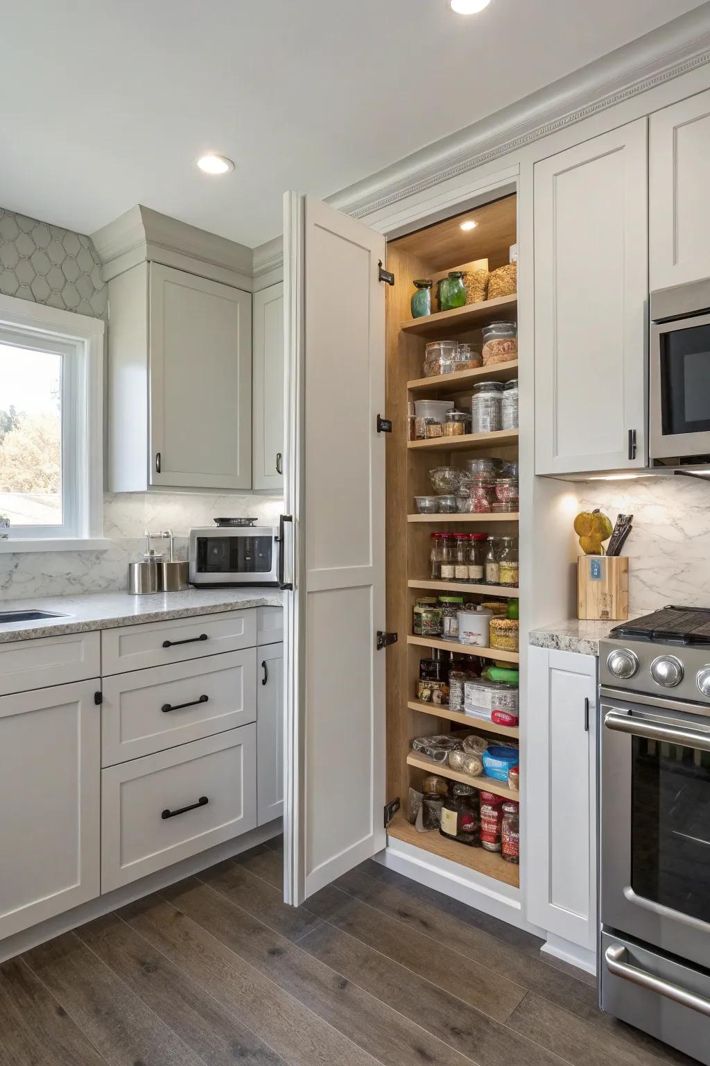 Corner entrances maximize area in diminutive kitchens.