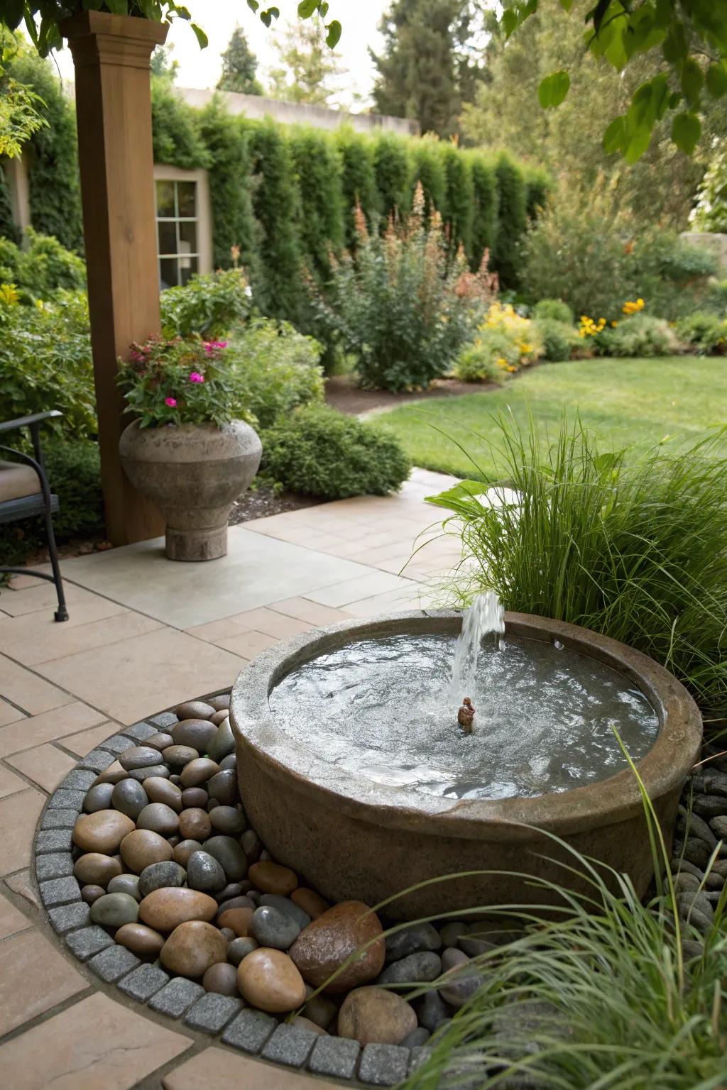 The gentle sound of a water element adds tranquility to your patio.