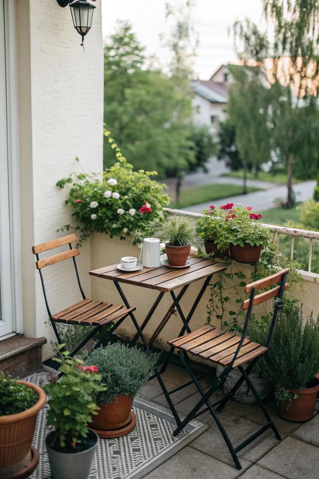 A café setting injects charm and practicality into small patios.