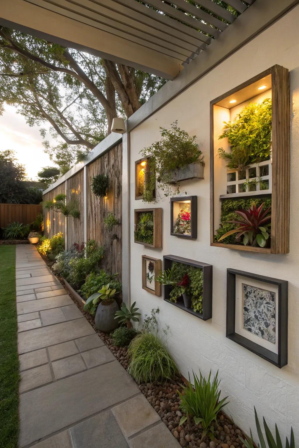 Exhibition cases add dimension and personalized aesthetic to the patio wall.