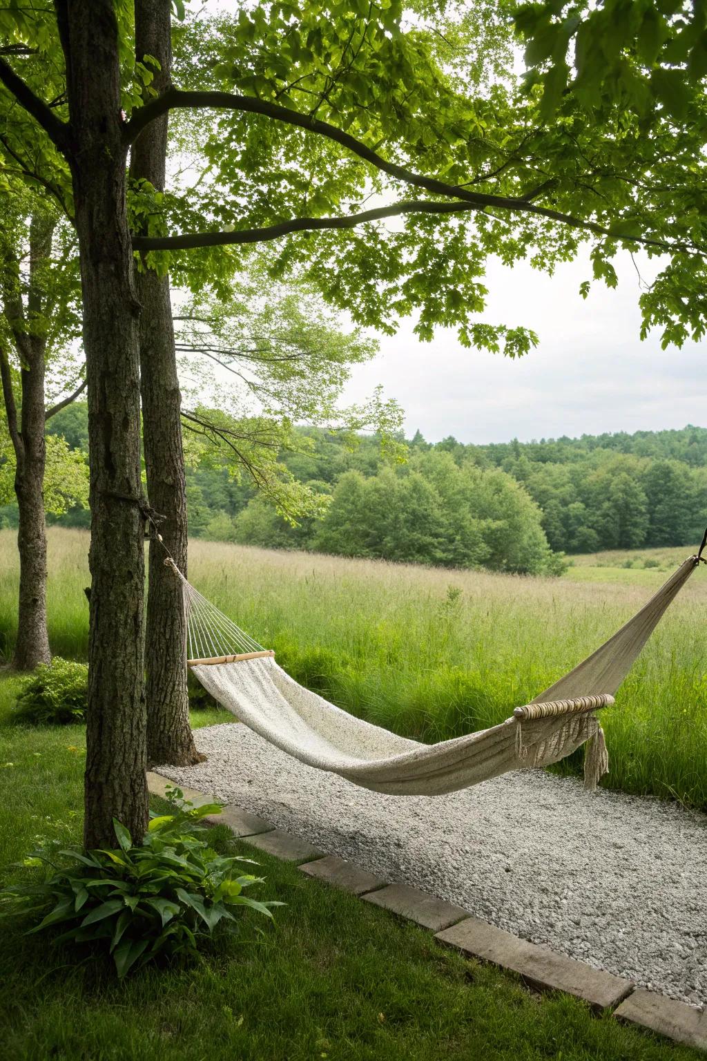 De-stress in a hammock set above a pea gravel foundation.