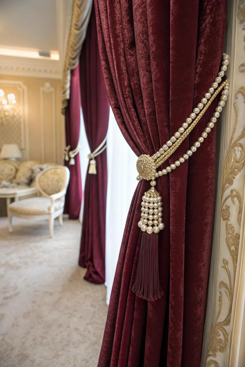 Enhance your windows with pearl-adorned curtain ties.