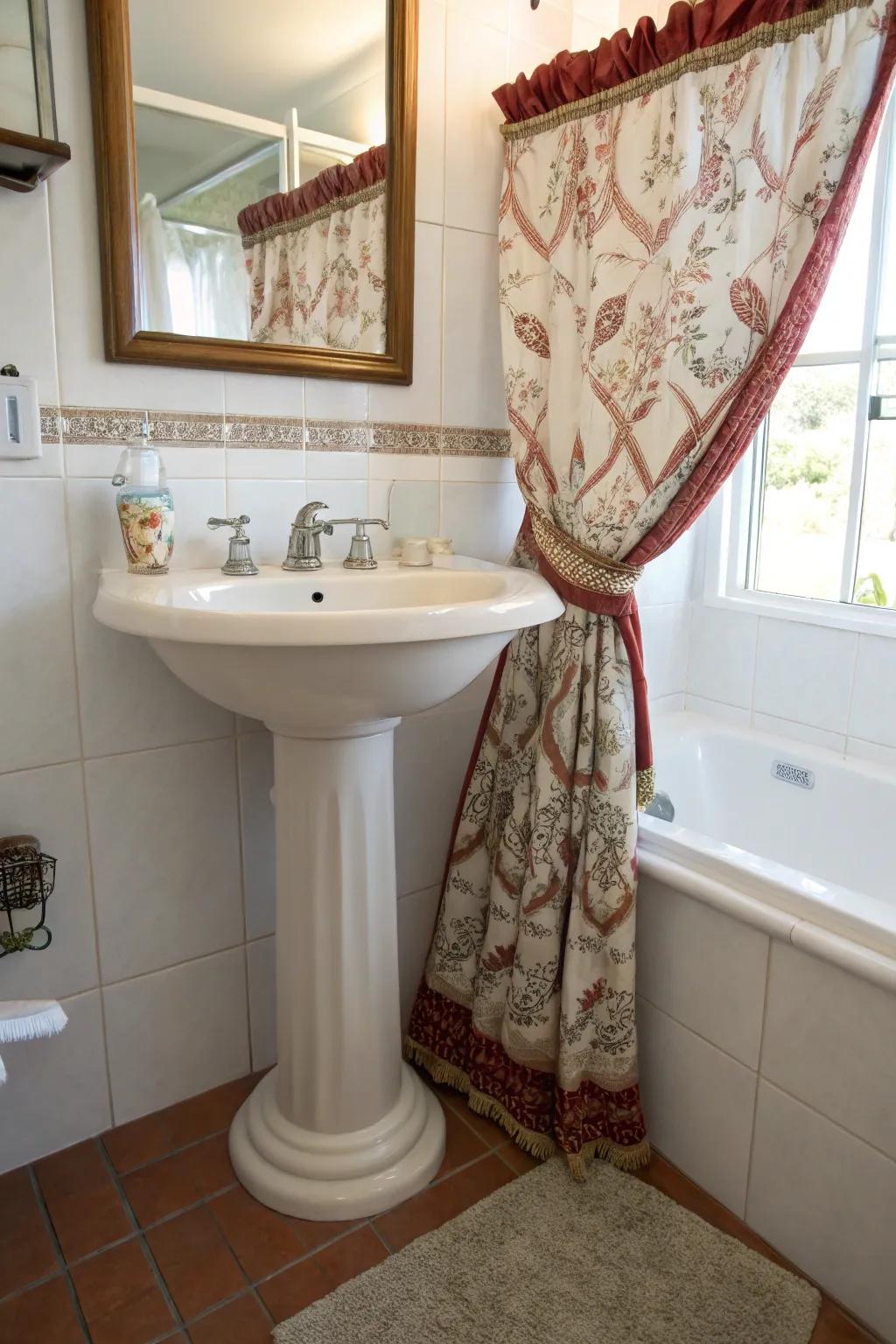 A decorative curtain offers a gentle storage concealment.