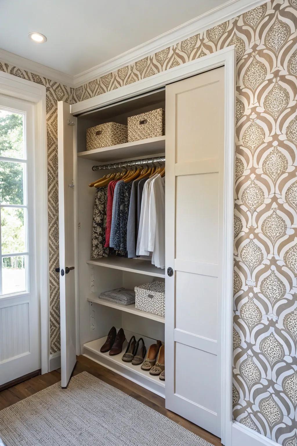 Include a hint of allure to your wardrobe interiors by using fashionable wallpaper.
