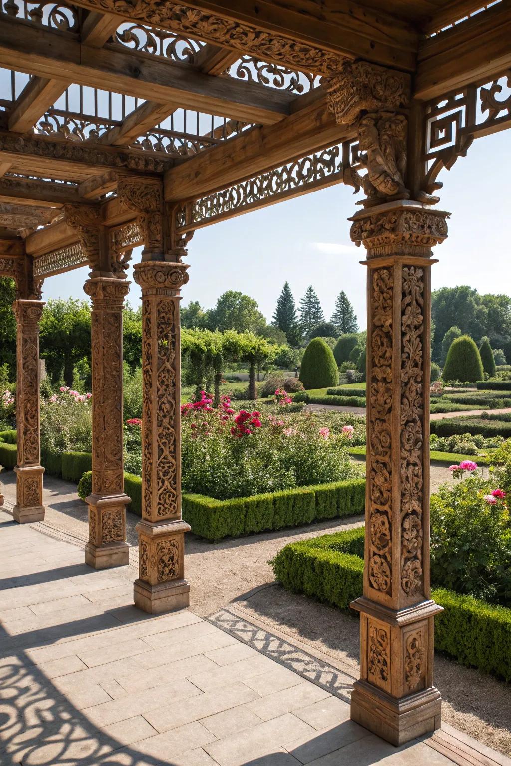 Wood carvings transform pillars into artistic statements.
