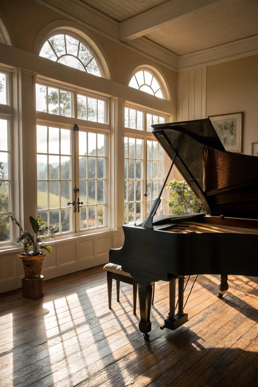 Natural light enhances the beauty and acoustics of the piano room.