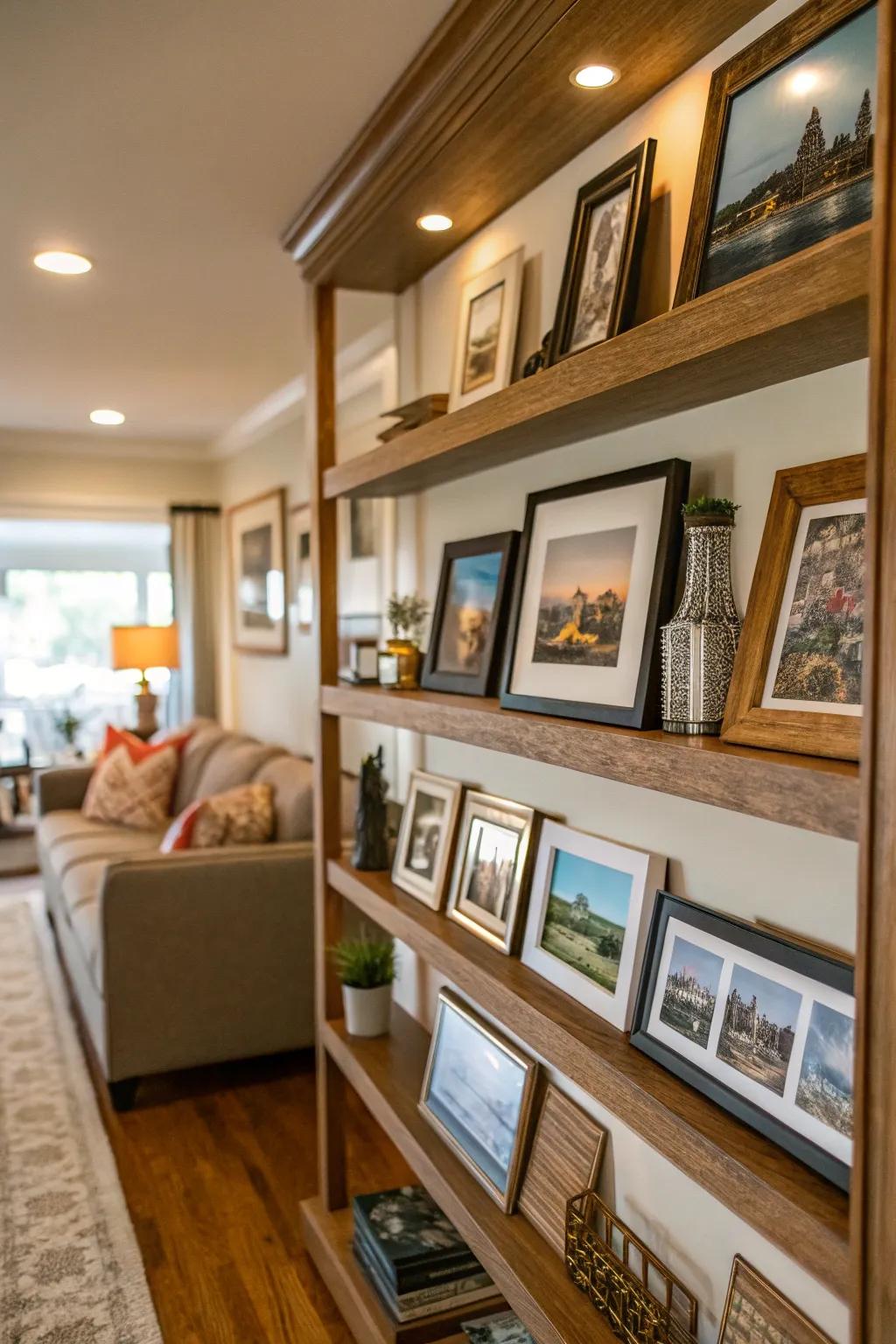 Picture ledges with travel photos and souvenirs.