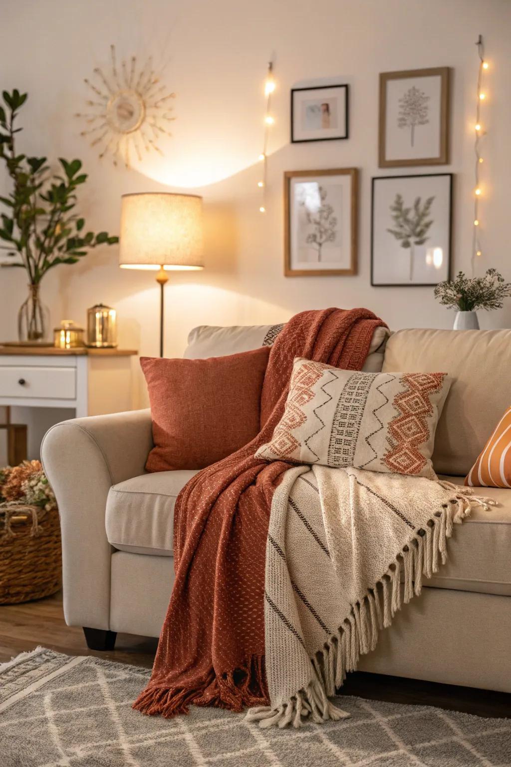 Throws on a couch with complementary colors, creating a harmonious look.
