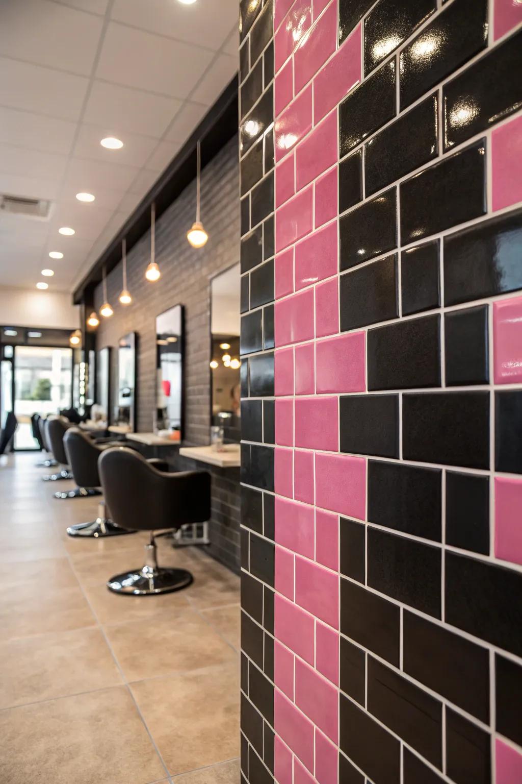 Textured tiles contribute depth and interest to the area.