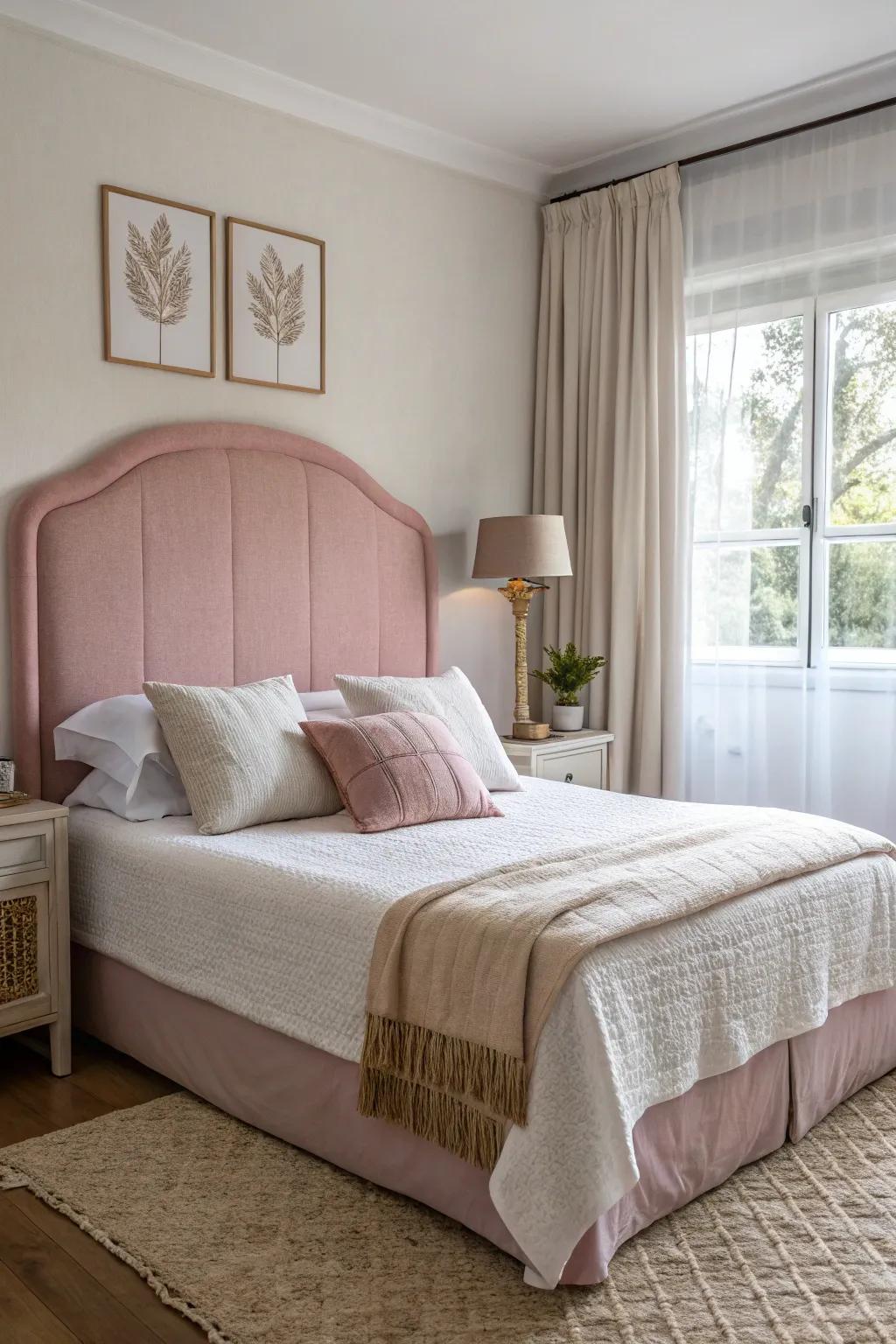 A tranquil and soothing space featuring a pink linen headboard.