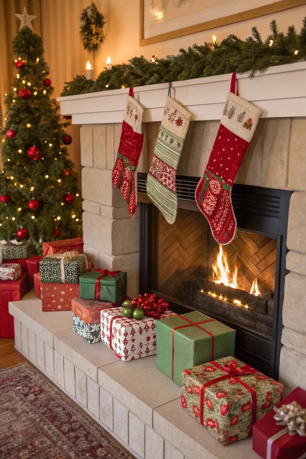 Cause your hearth to be a festive center of attention with elegantly arranged gifts.