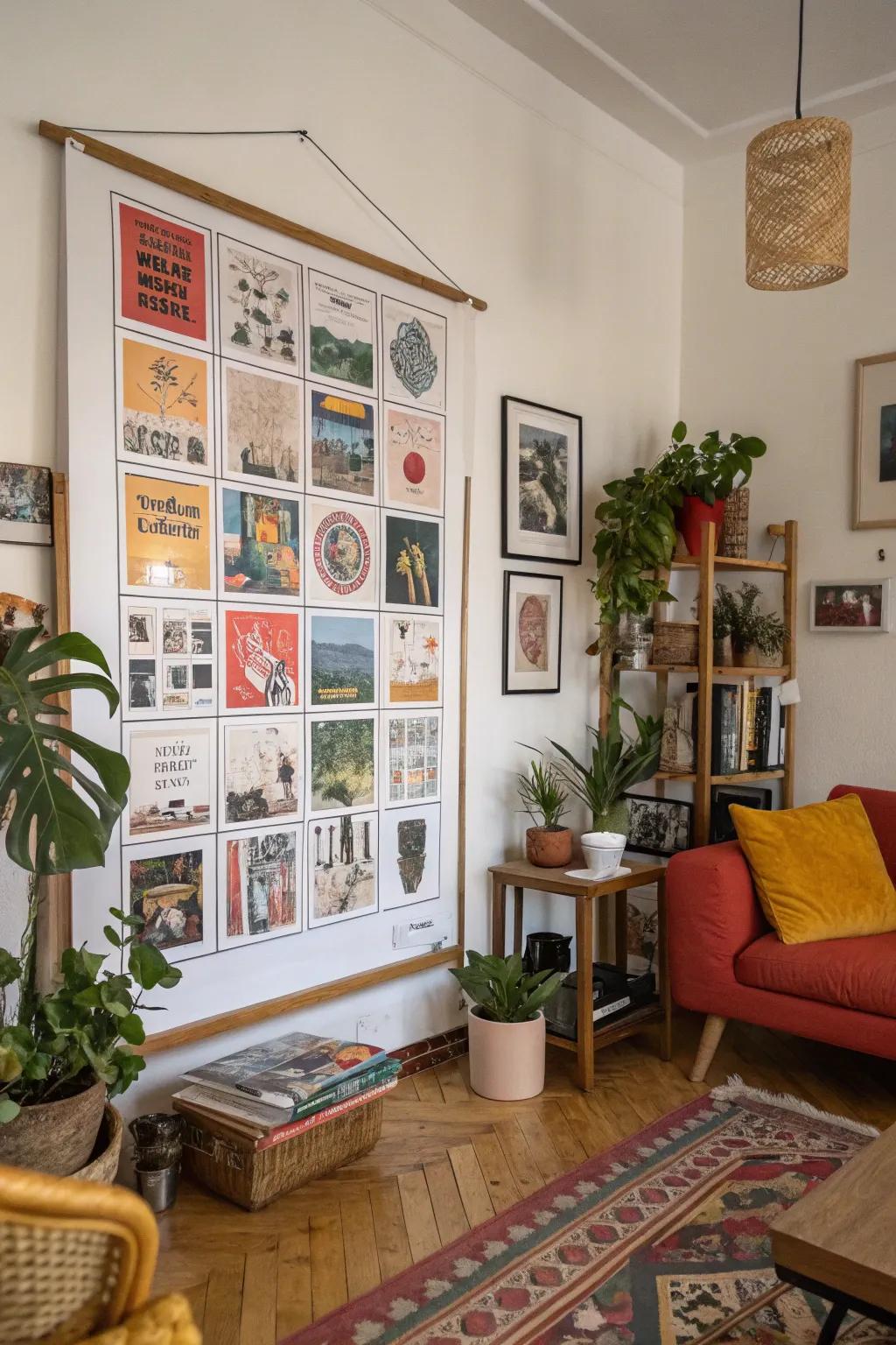 A print featuring an unconventional grid layout, balancing an eclectic living space.