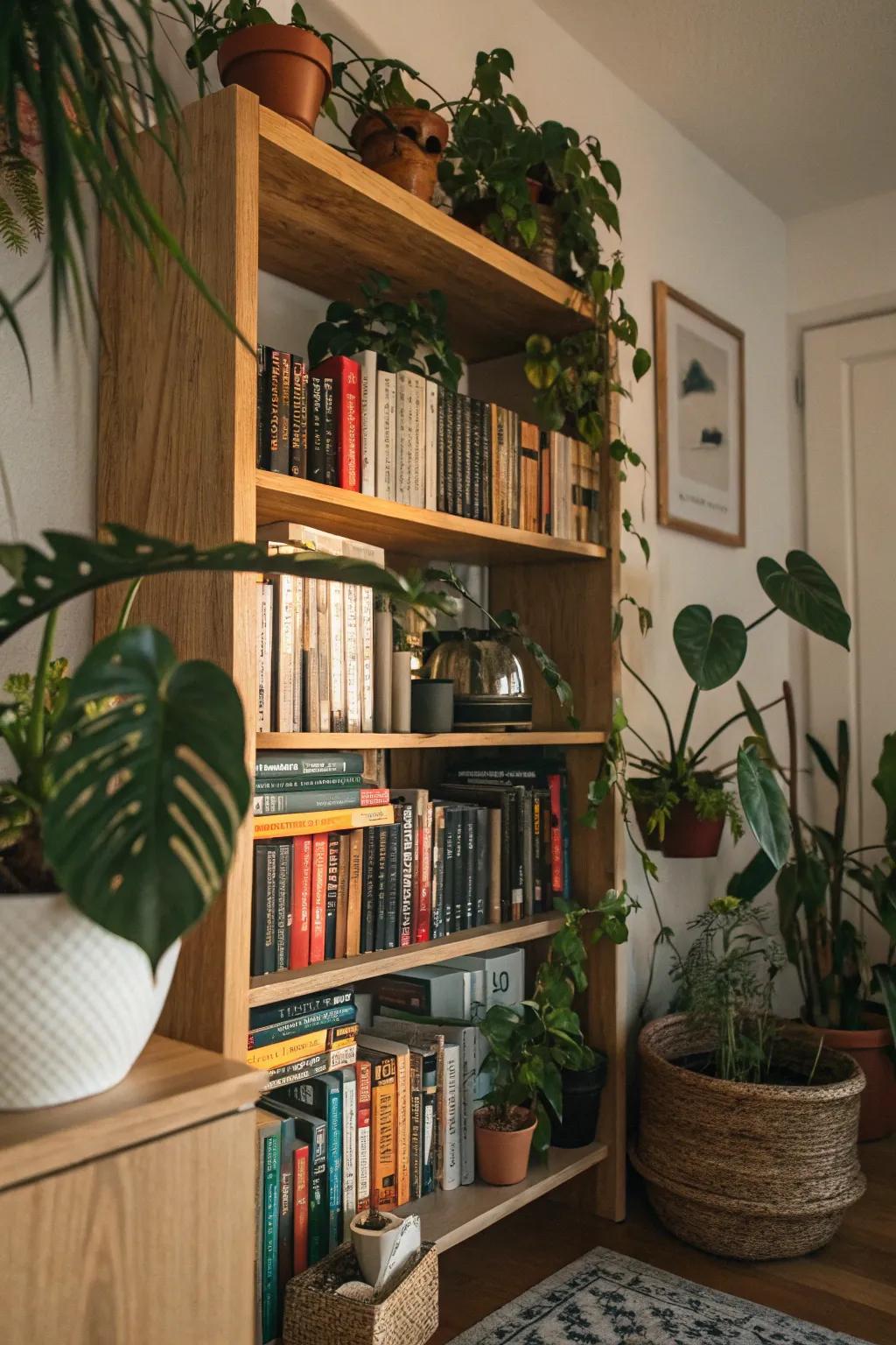 A bookshelf plant showcase that brings together books and nature.