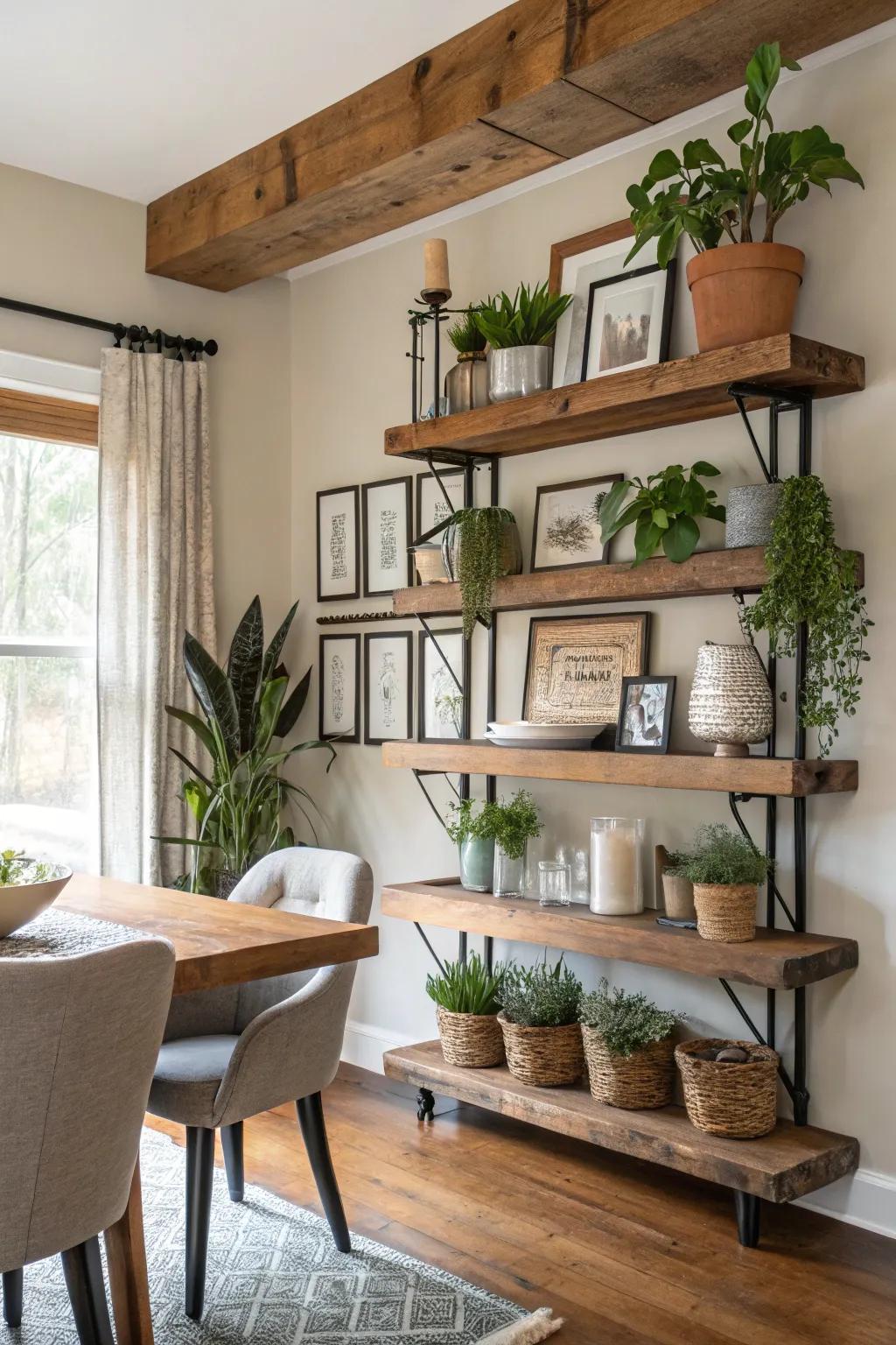 Realize contrast with countryside-contemporary plant shelves.