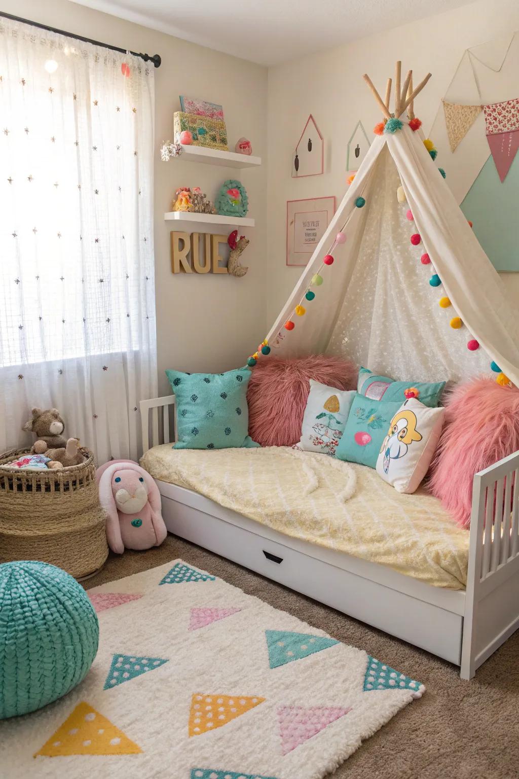 A flexible playroom showcases a dual-purpose daybed.