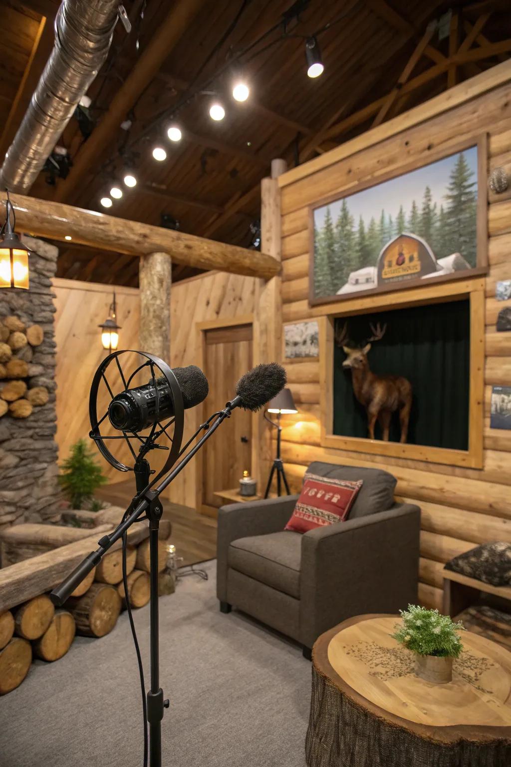 A podcast studio featuring a rustic motif.