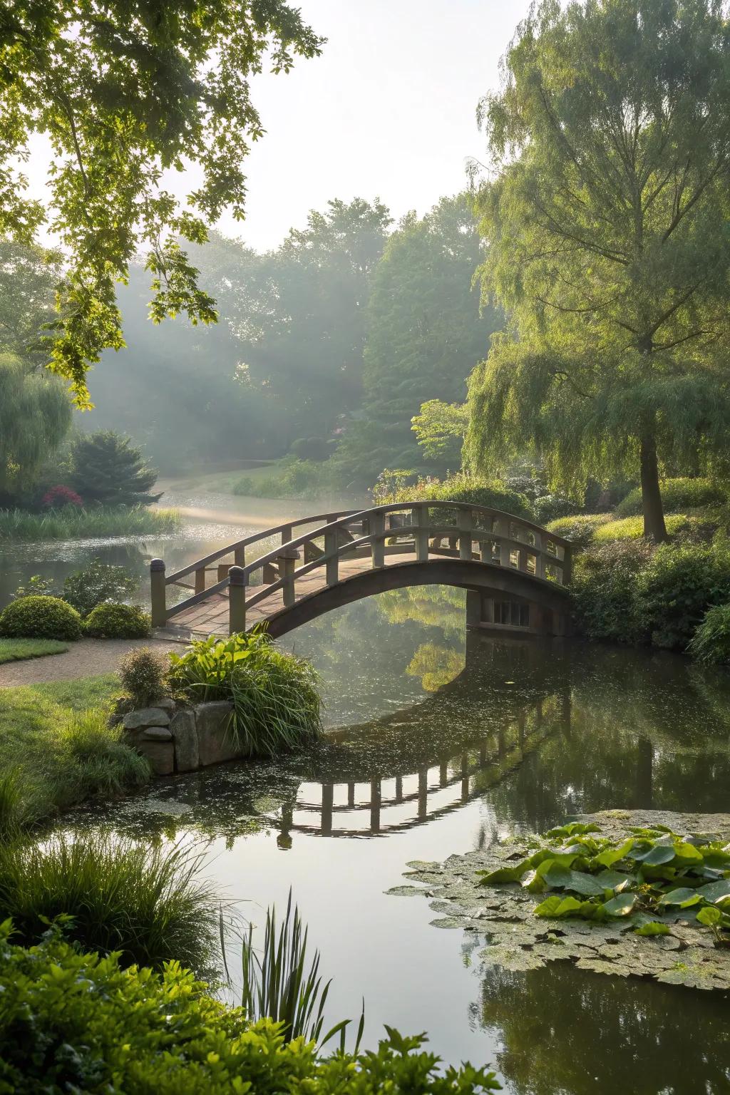 A bridge across the pond fashions a delightful and picturesque focal point.
