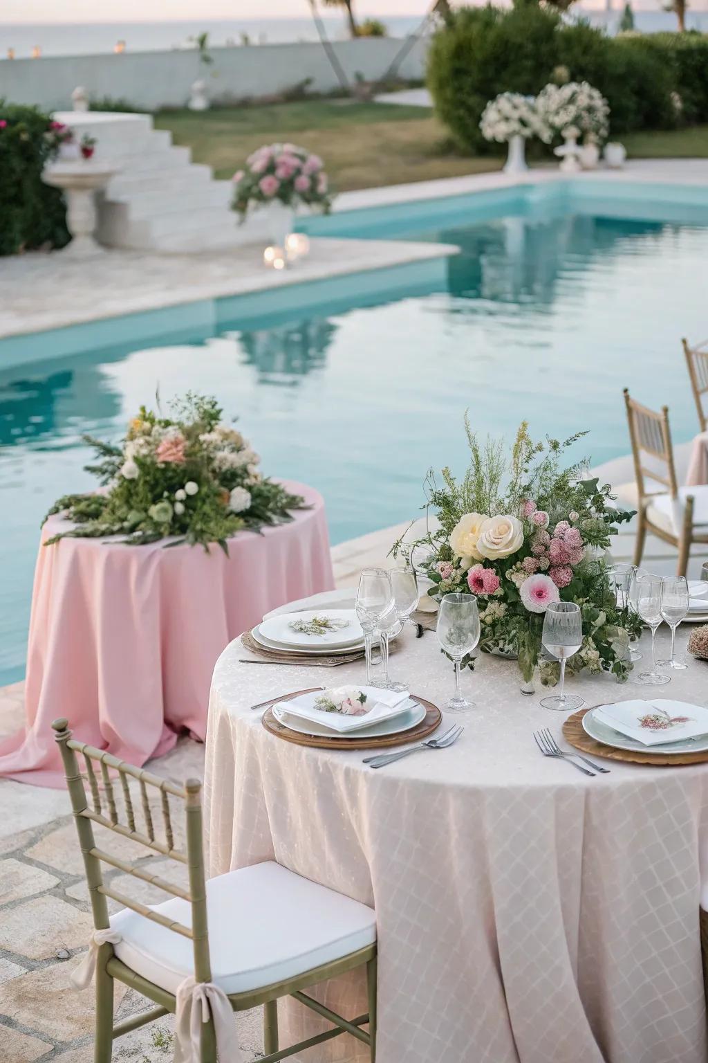 A refined tablescape adjacent to the pool, intensifying the celebratory atmosphere.