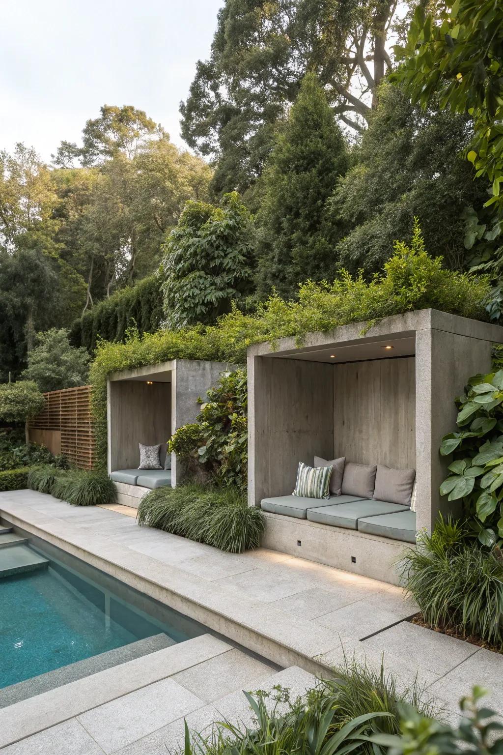 Secluded seating areas offer intimate spaces for relaxation by the pool.