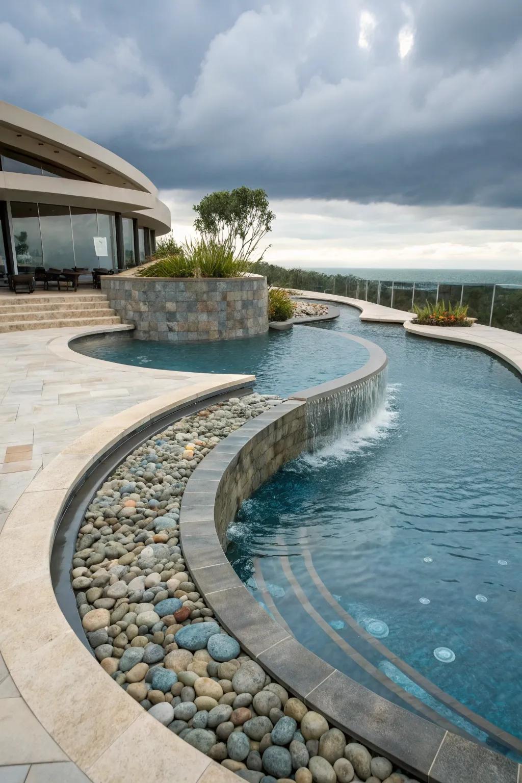 Arched coping designs impart a vibrant flow to pool margins.