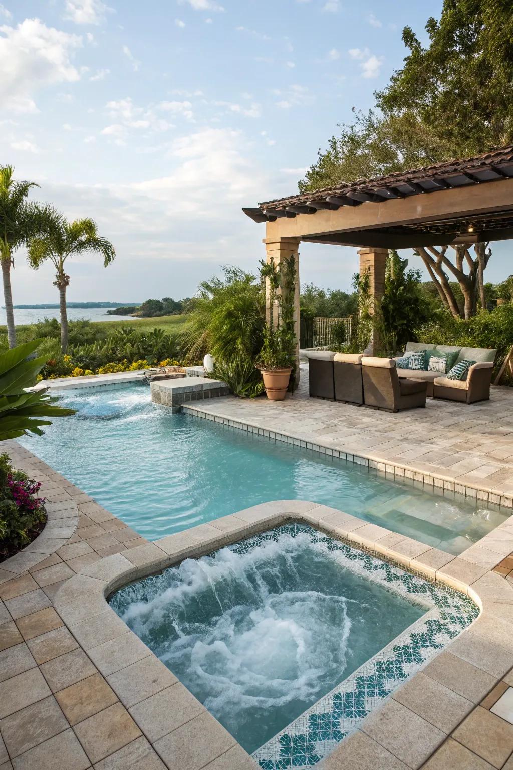 A swimming pool showcasing an integrated spa intended for supreme relaxation.