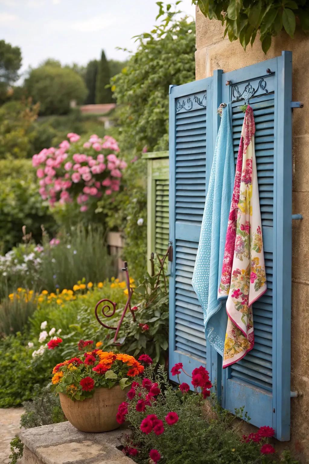 An upcycled shutter appends a rustic atmosphere to towel storage.