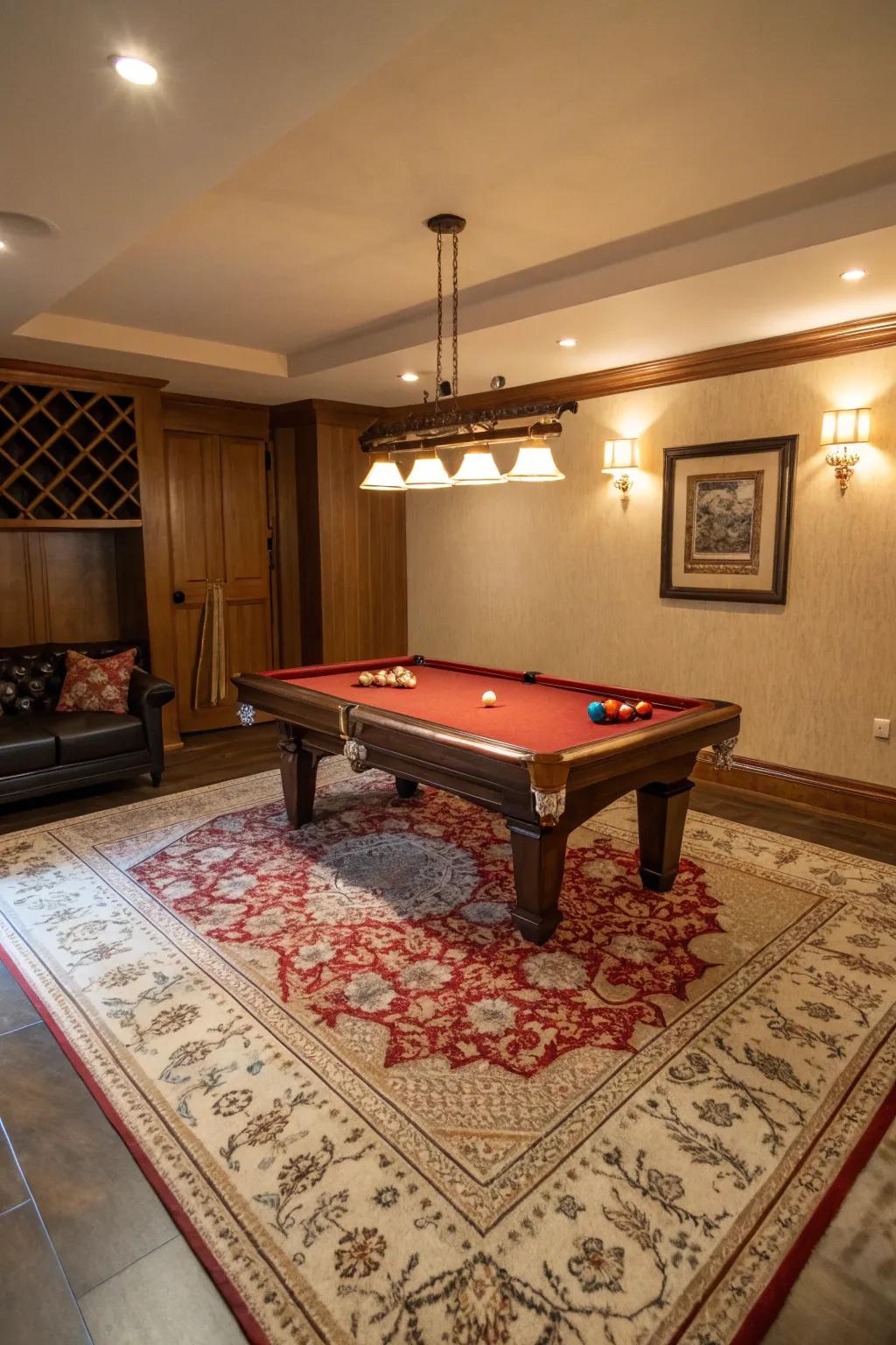 A decorative floor covering enhances the style and defines the space in a small pool table room.