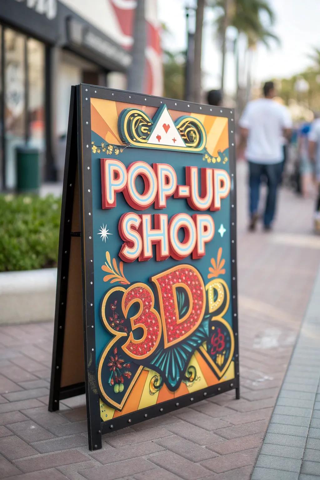 3D components on a sign establishing an engaging and interactive visual venture.