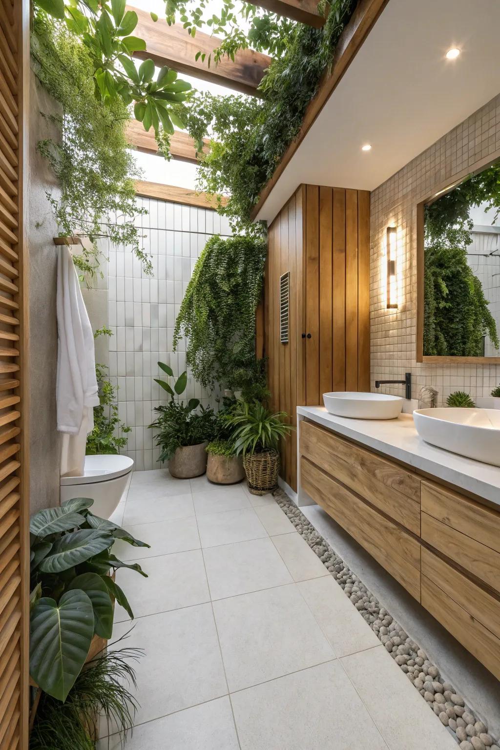 The fusion of inherent components with ceramic squares engenders an inviting, serene washroom setting.