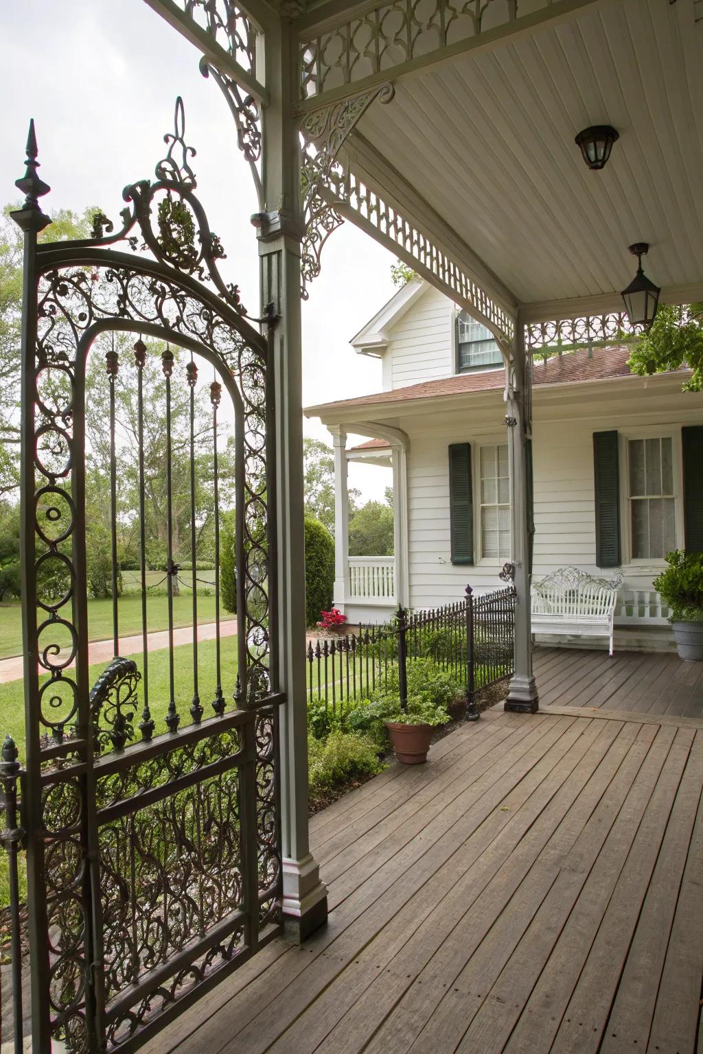 Metalwork entrances bring vintage elegance to porches.