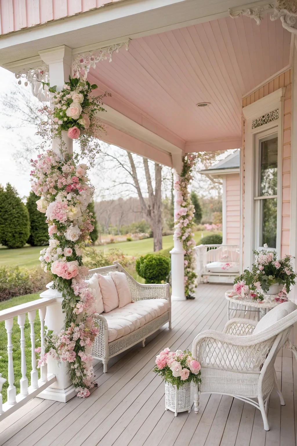 A pastel rose porch that exudes allure and romance.