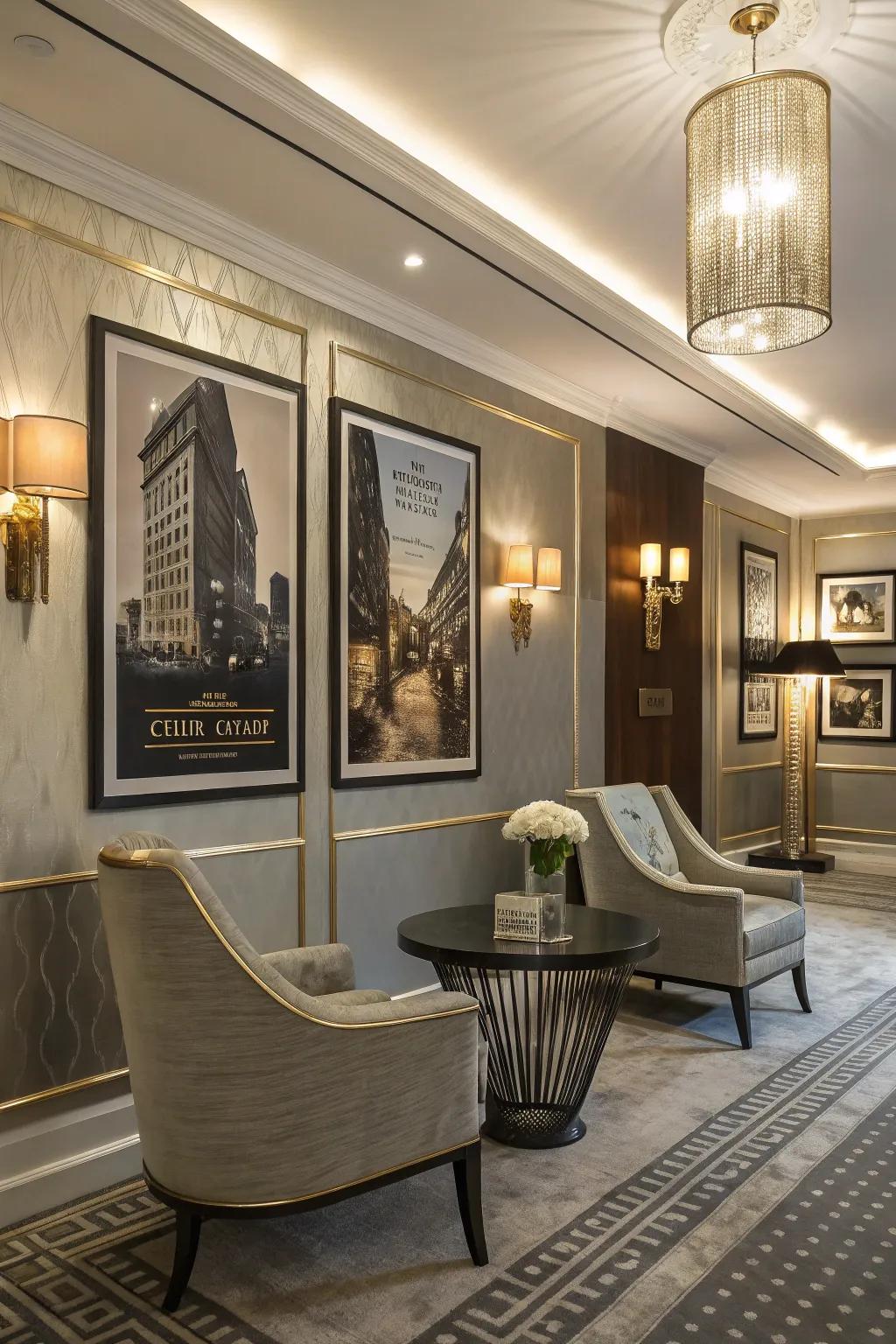 An opulent interior design featuring posters accented with metallic shades.