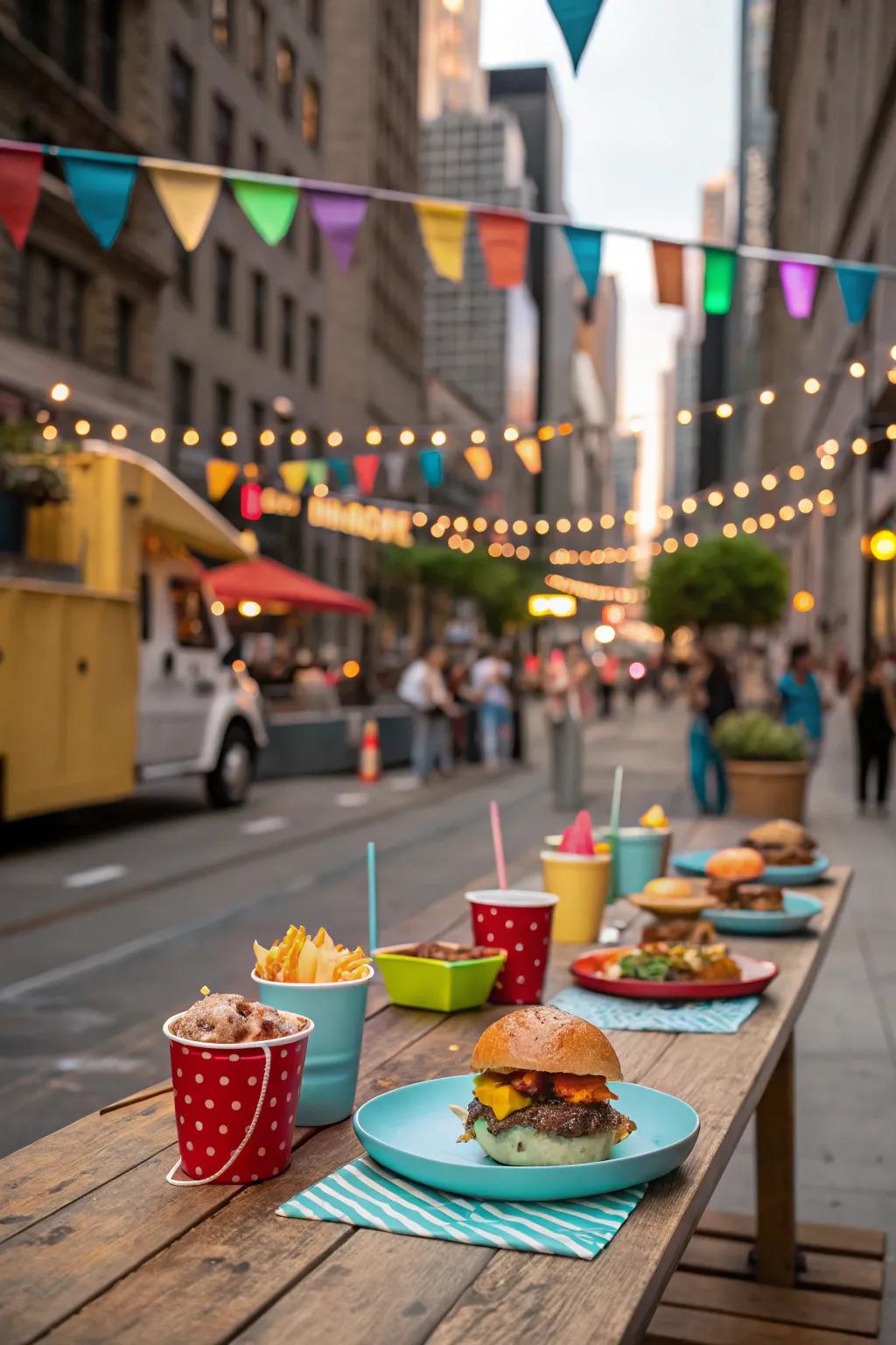 A dining layout reminiscent of street food vendors, complete with whimsical decorations.