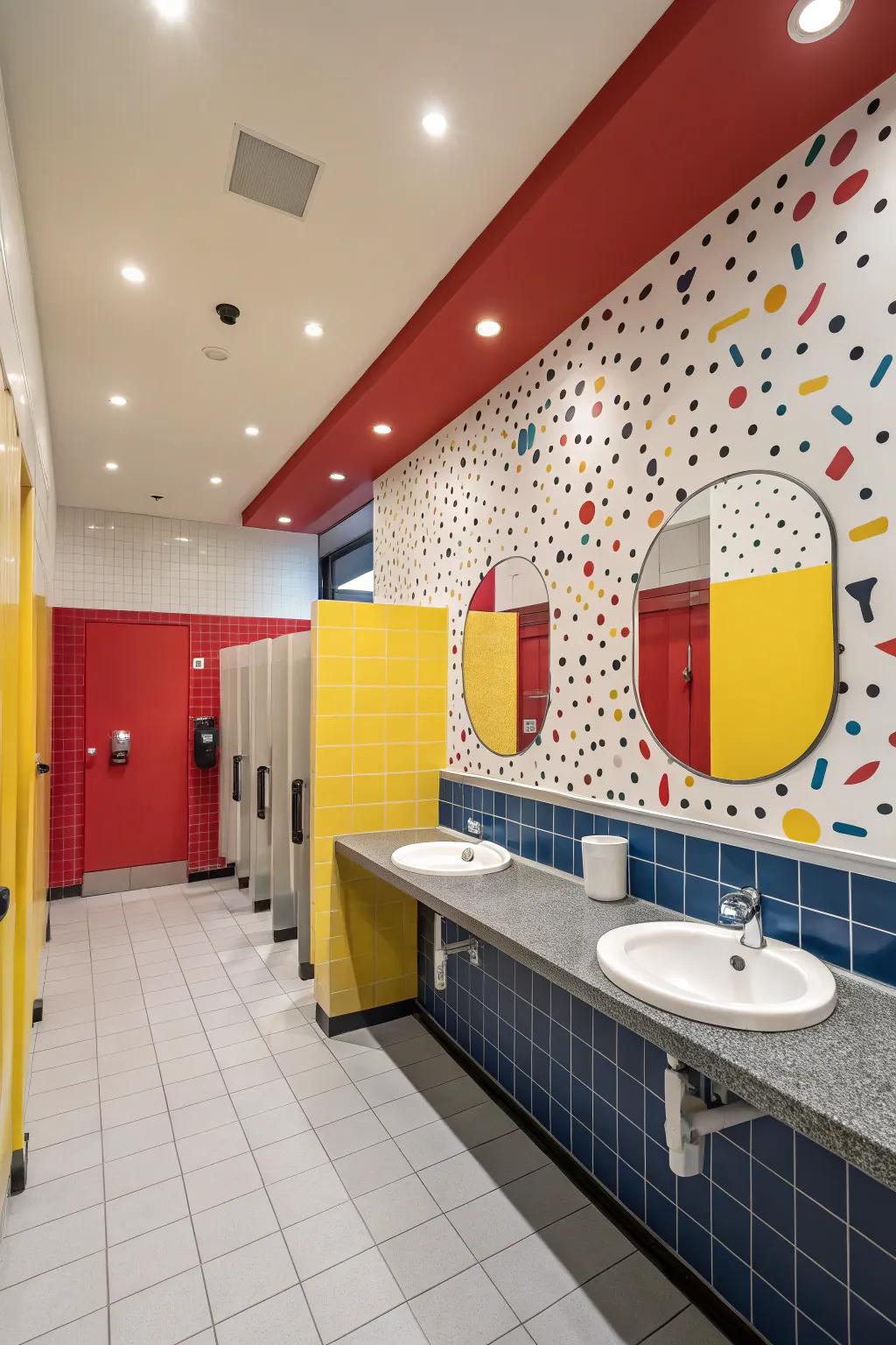 Vibrant chromatic arrangements add character to public restroom designs.