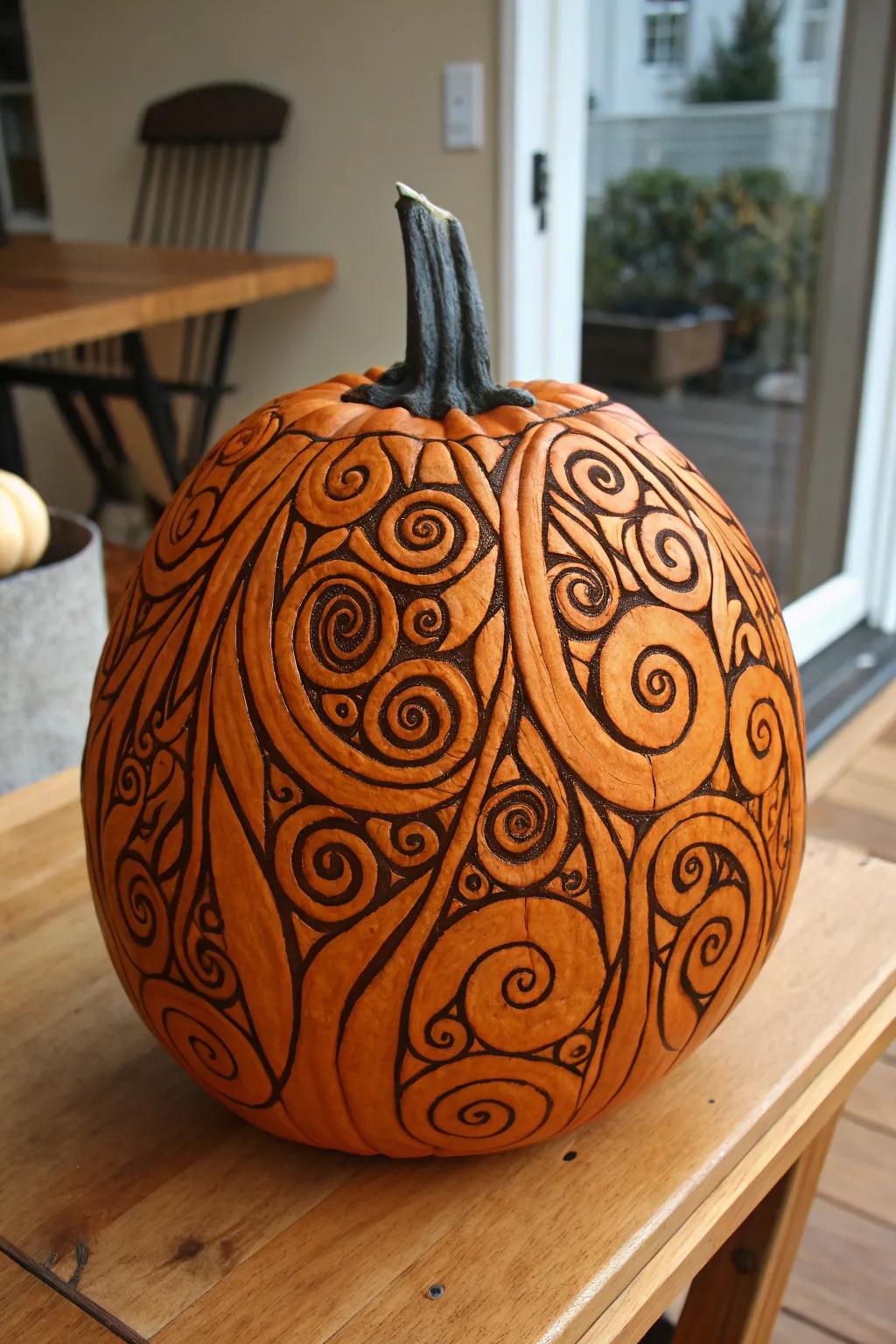 An enchanted pumpkin that captivates with its elaborate design.