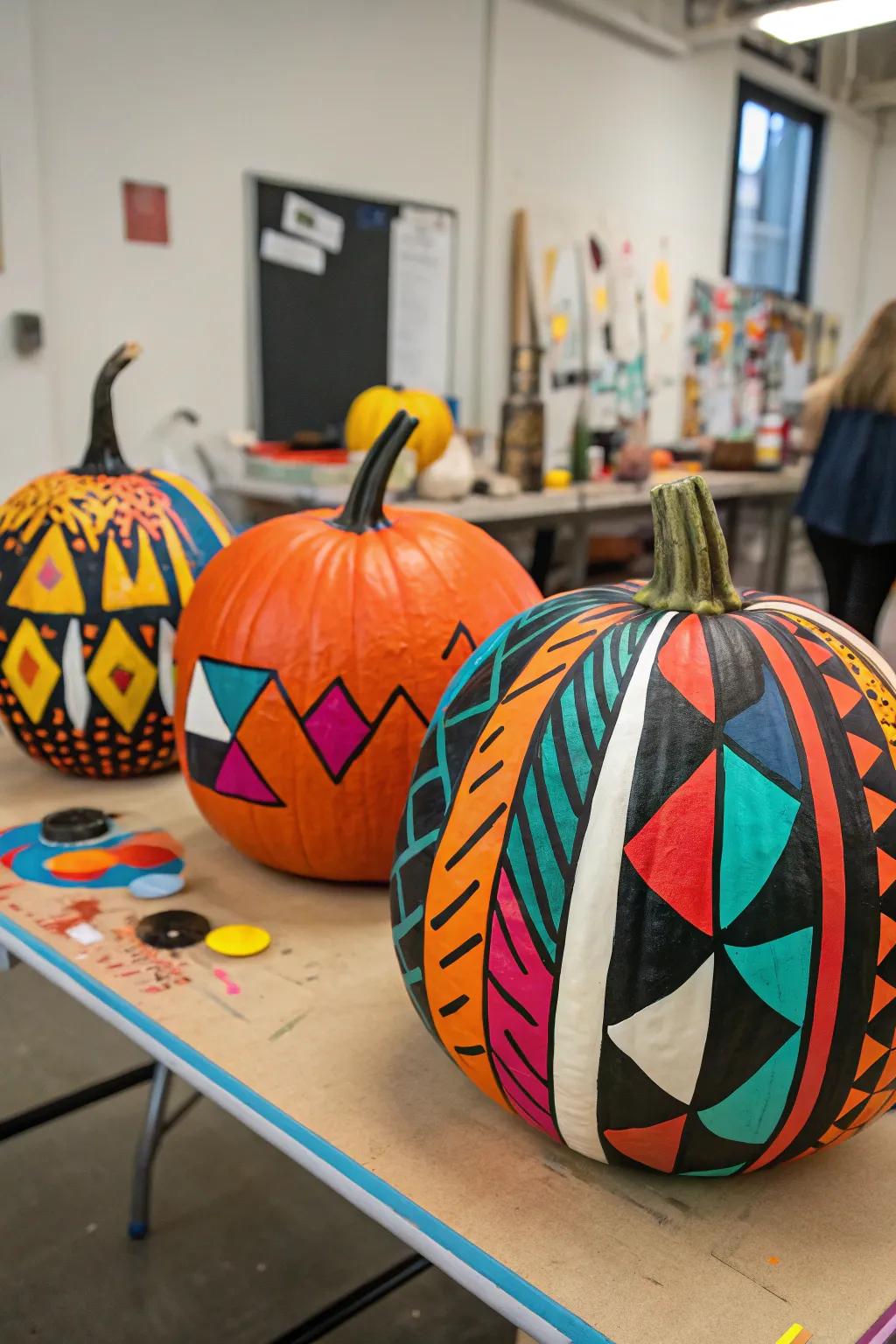 Express your ingenuity through abstract art designs on pumpkins.