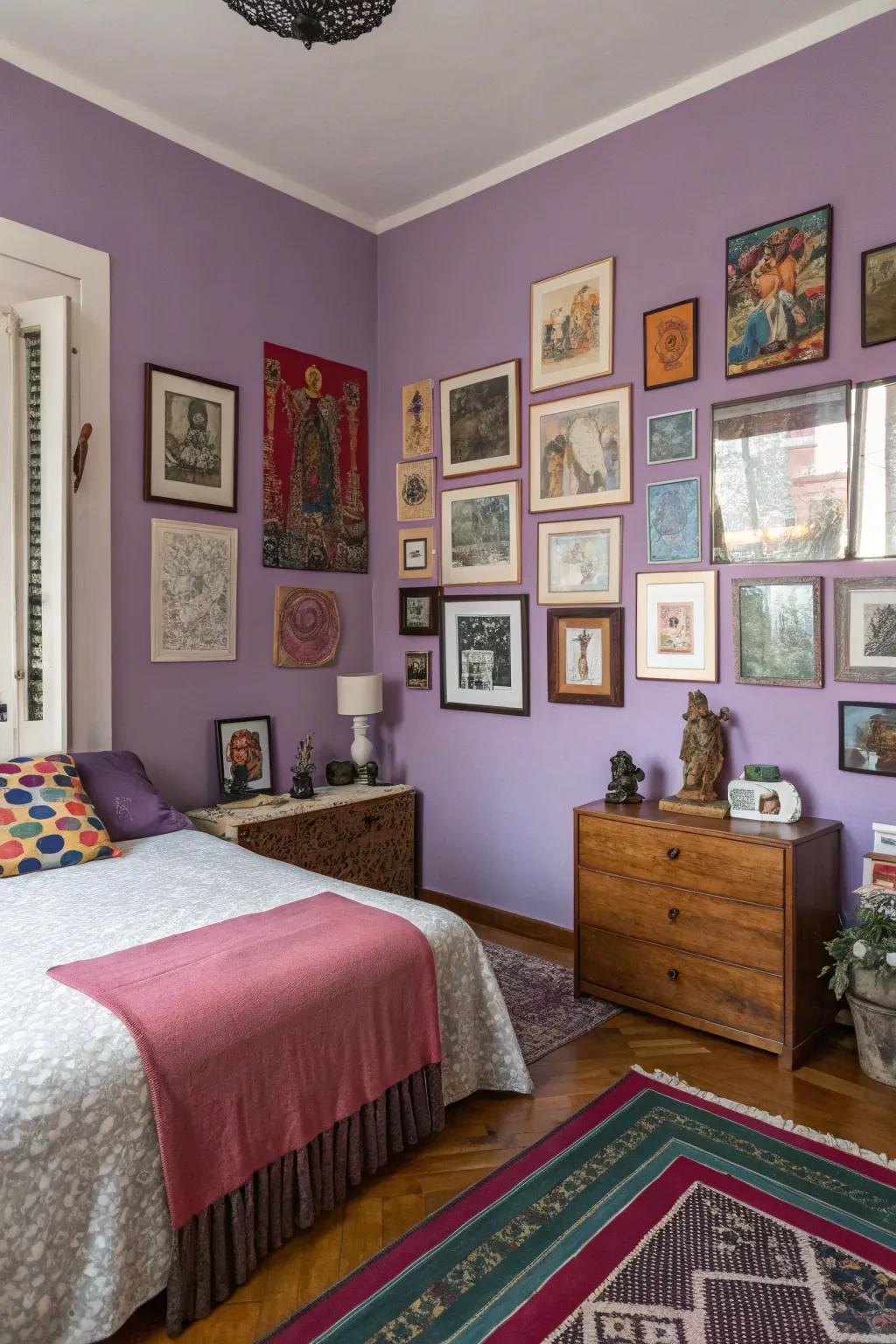 An eclectic art display adds a unique touch to purple walls.