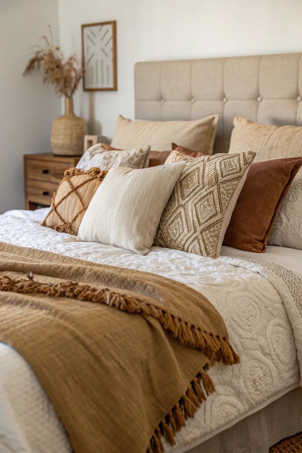 Raw textures and natural shades infuse rustic charm into pillow settings.