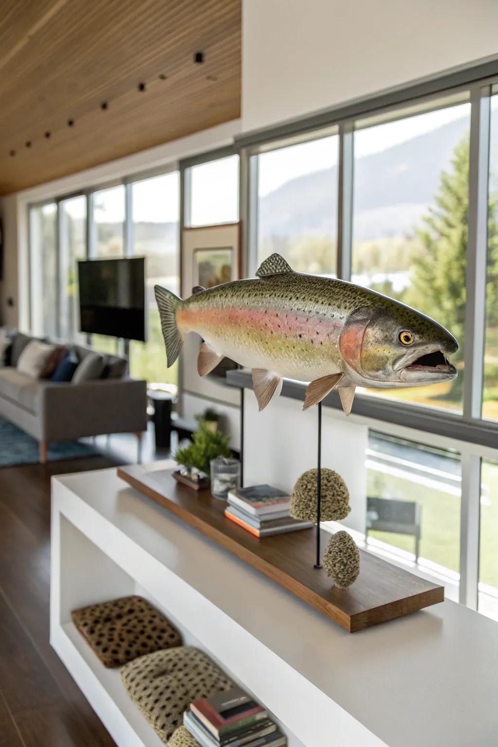 A floating shelf provides a modern and adaptable way to display a rainbow trout mount, enhancing its visual appeal.