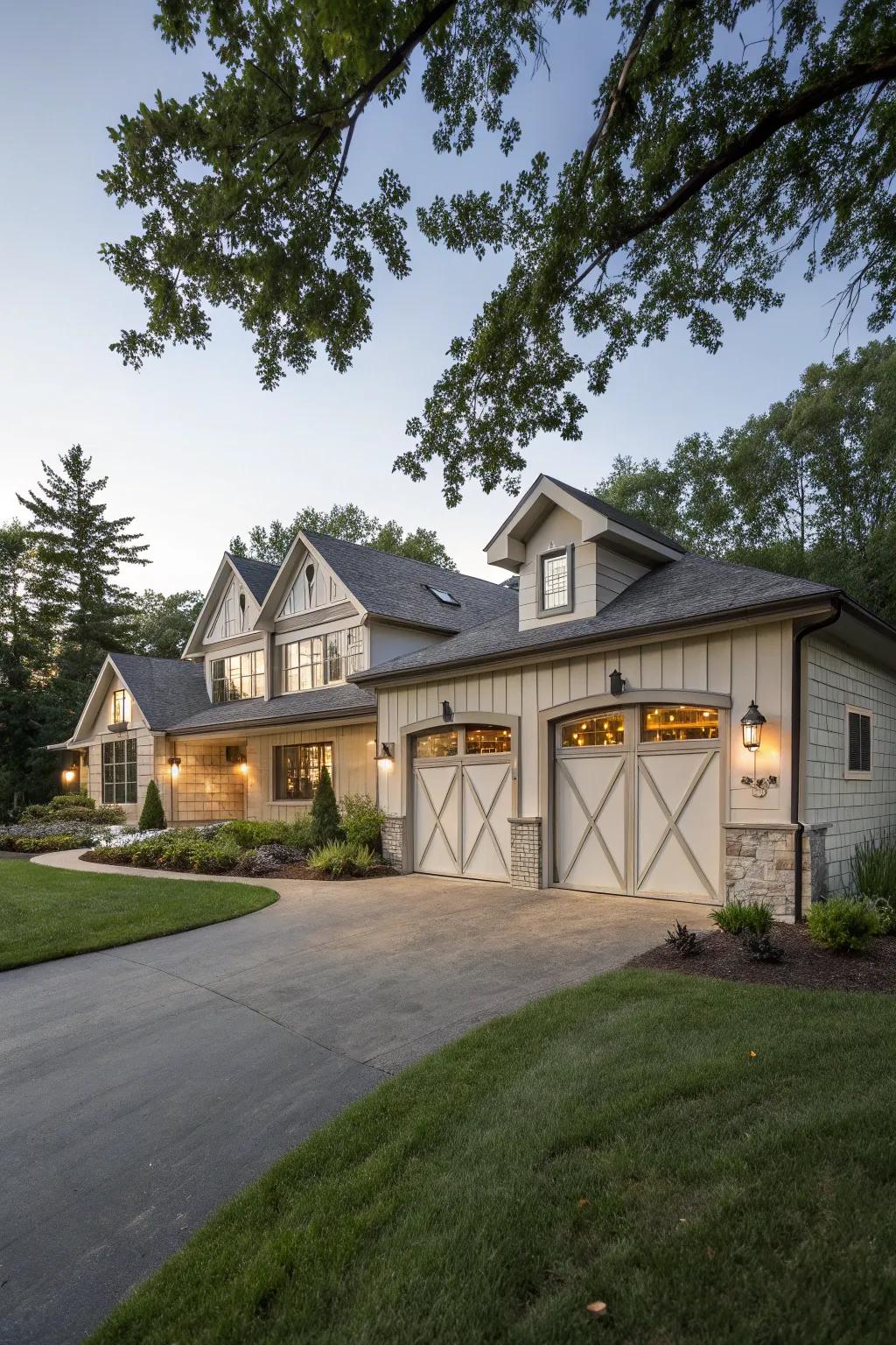 Eye-catching carriage-style garage panels on a raised ranch dwelling.