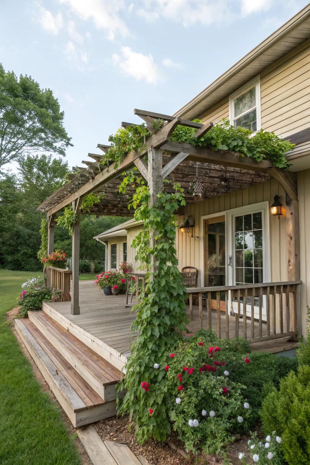 A rustic pergola creates a natural canopy for outdoor spaces.