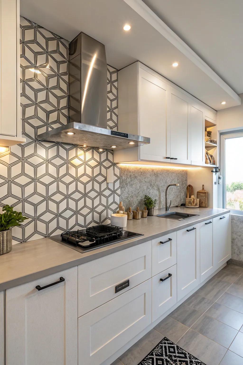 Contemporary kitchen design featuring a geometric tile backsplash and a streamlined vent hood for visual drama.