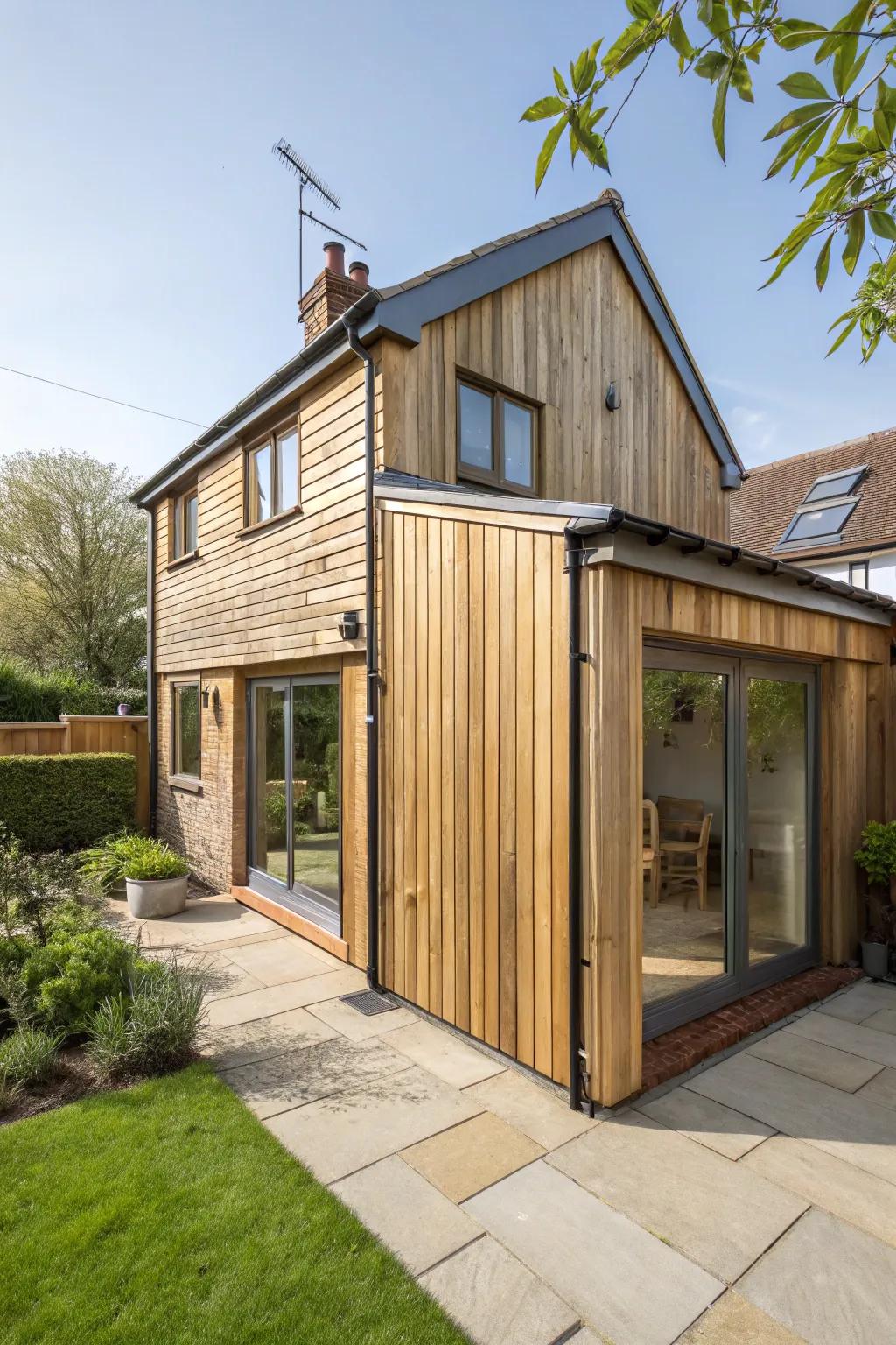 A cozy rear house extension with timber cladding for a rustic feel.