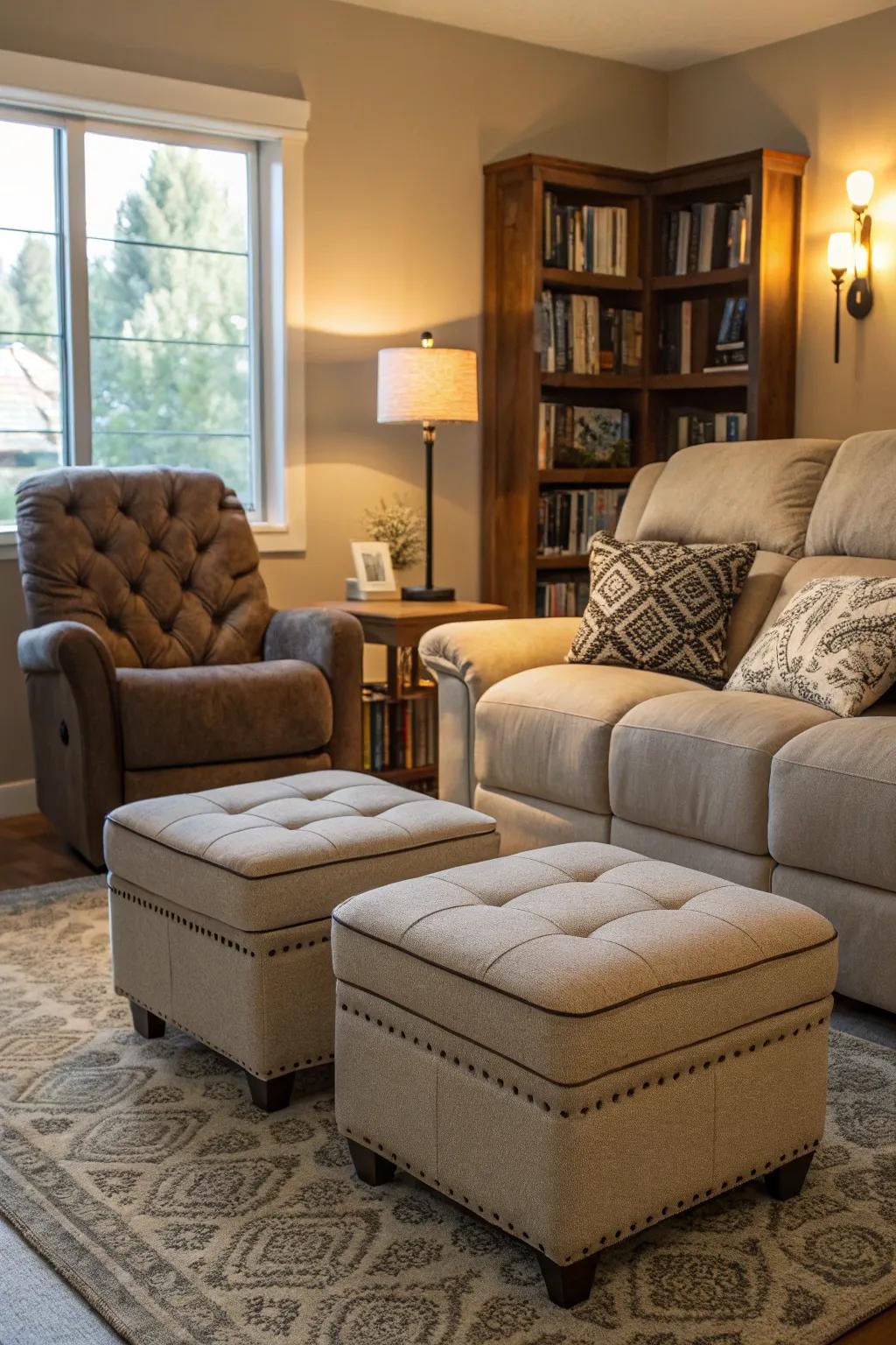 A comfortable family room with poufs adding to the reclining sofa's appeal.