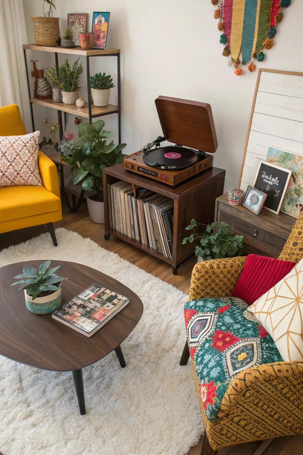 An eclectic record player arrangement that plays with diverse styles and colors.