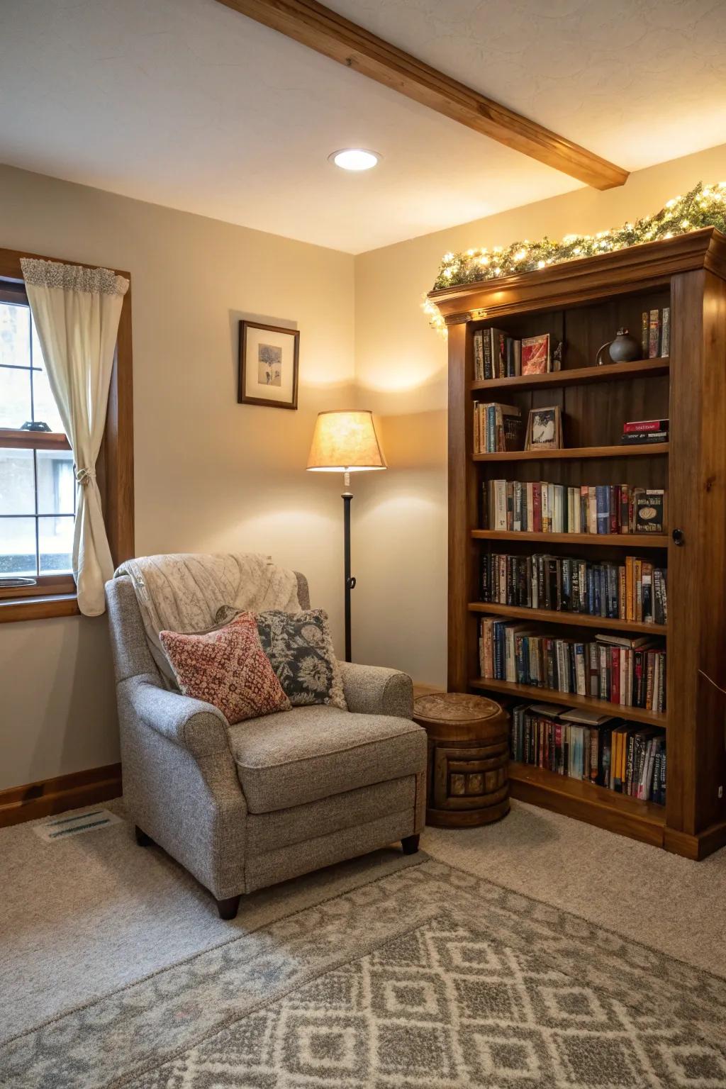 A reading nook offers a cozy retreat within the room.