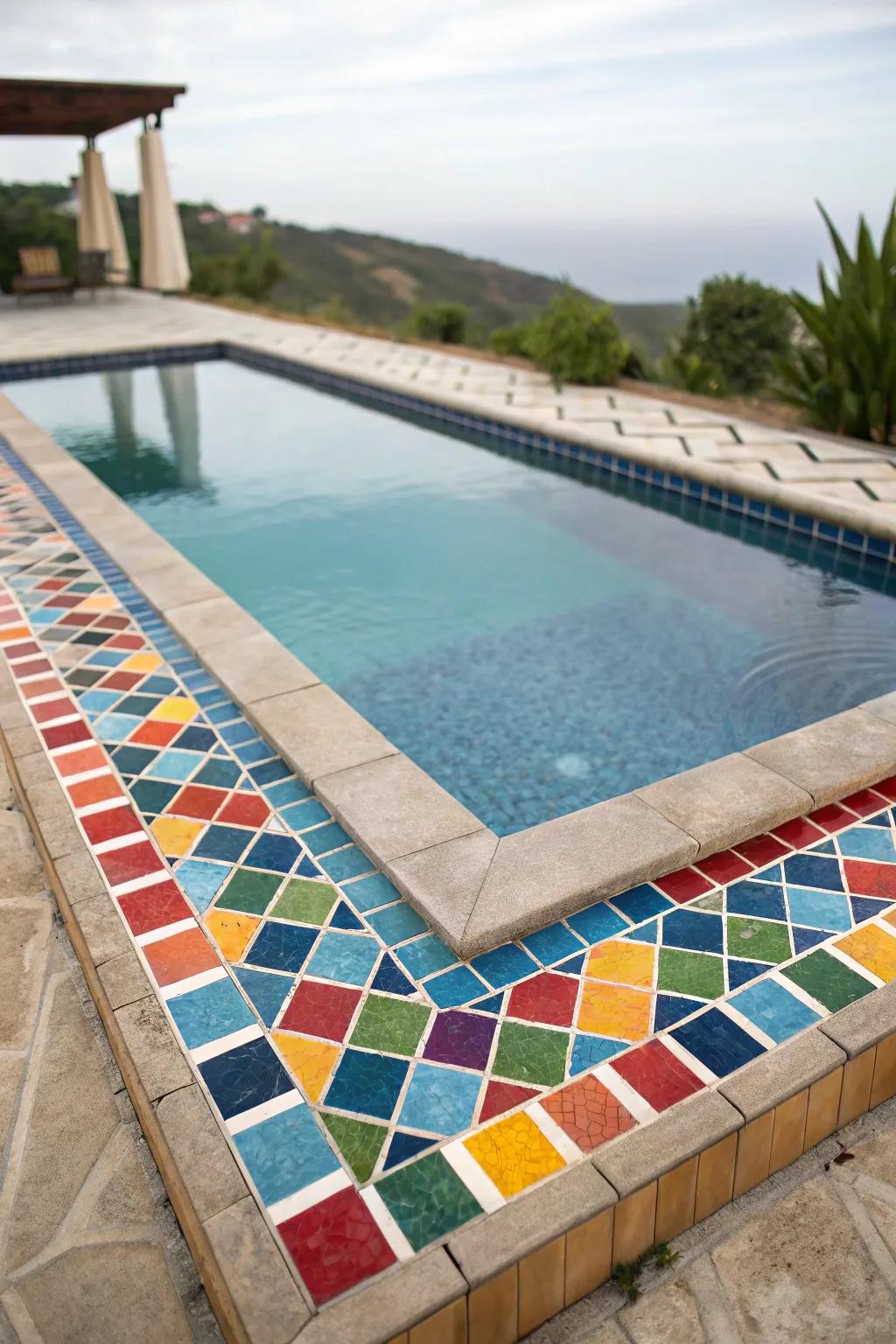 Kaleidoscopic mosaic fragments infuse a vibrant accent into the pool.
